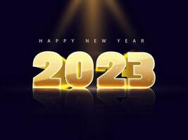 3d golden glänzend 2023 Nummer gegen dunkel Blau Hintergrund zum glücklich Neu Jahr Konzept. vektor