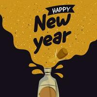 glücklich Neu Jahr Beschriftung mit öffnen trinken Flasche gegen Gelb und dunkel Hintergrund. vektor