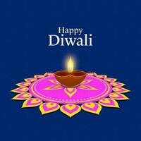 glücklich Diwali Feier Konzept mit beleuchtet Öl Lampe Über Rangoli auf Blau Hintergrund. vektor