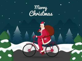 Vektor Illustration von Santa claus Reiten Fahrrad mit schwer Tasche auf Schnee Landschaft Hintergrund zum fröhlich Weihnachten Konzept.