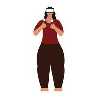 jung Frau tragen vr Headset mit halt Regler zum virtuell Wirklichkeit Spiel spielen. vektor