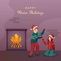 Lycklig vinter- högtider affisch design med glad barn i ull- kläder och öppen spis på skymning lavendel- Färg bakgrund. vektor