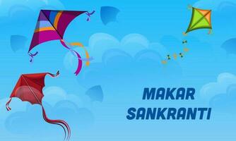 glücklich Makar Sankranti Banner Design mit bunt Drachen fliegend auf Blau Wolken Hintergrund. vektor