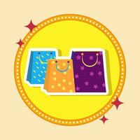 Aufkleber Stil bunt Diwali Einkaufen Tasche Symbol gegen Gelb Hintergrund. vektor