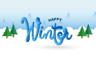 stilvoll glücklich Winter Schriftart mit Weihnachten Baum auf Schnee fallen Blau und Weiß Hintergrund. vektor