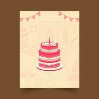 köstlich Schicht Kuchen mit Verbrennung Kerze und Ammer Flaggen auf Beige Geburtstag Muster Hintergrund. vektor