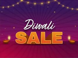 diwali försäljning affisch design med upplyst olja lampor, belysning krans dekorerad på lila och rosa strålar bakgrund. vektor
