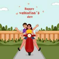 modern jung Mädchen haben Spaß auf scooty mit ihr Freund auf das Straße inmitten Natur Hintergrund zum Valentinstag Tag Konzept. vektor