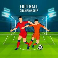 Fußball Meisterschaft Poster Design mit gesichtslos Fußballer Spieler von teilnehmen Mannschaft auf Blau und Grün Stadion Hintergrund. vektor