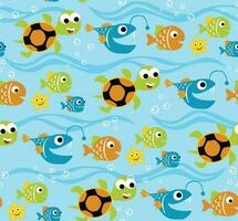 nahtlos Muster Vektor von Marine Tiere Karikatur. Schildkröte und Fische Schwimmen unter Blau Meer