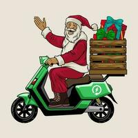 Santa claus Reiten elektrisch Roller bringen das Weihnachten Geschenk vektor