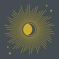 vektor illustration i årgång mystisk stil för tarot kort. astrologi, himmelskt boho design. gyllene Sol med stjärnor