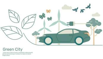 elektrisch Sport Auto auf Linie Blatt Grün Stadt mit Ökologie Erde Natur Erhaltung. Vektor Design Illustration.