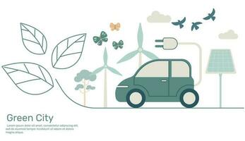 elektrisch Auto auf Linie Blatt Grün Stadt mit Ökologie Erde Natur Erhaltung. Vektor Design Illustration.