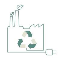 återvinna ikon i linje grön fabrik med plugg, ekologi natur bevarande, miljö- skydd. vektor design illustration.