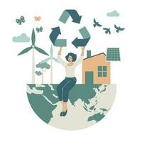Frau halten recyceln Symbol auf Globus, Natur Erhaltung Konzept, Umwelt Schutz. Vektor Design Illustration.