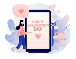 Lycklig valentines dag - text på smartphone skärm. mycket liten människor i kärlek hälsa varje Övrig. romantisk relationer och datum. modern platt tecknad serie stil. vektor illustration på vit bakgrund