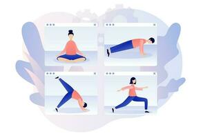 yoga uppkopplad klasser. mycket liten människor i asanas praktiserande hatha yoga och meditation. stanna kvar Hem begrepp. modern platt tecknad serie stil. vektor illustration på vit bakgrund