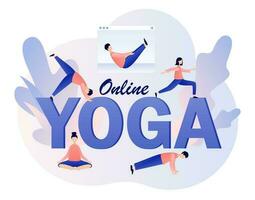 Yoga online - - groß Text. winzig Menschen im anders yogisch posiert üben hatha Yoga und Meditation. bleibe Zuhause Konzept. modern eben Karikatur Stil. Vektor Illustration auf Weiß Hintergrund