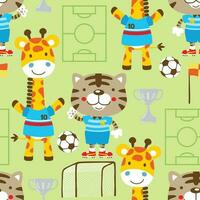 nahtlos Muster Vektor von Fußball Elemente. Tiger und Giraffe im Fußball Spieler Uniformen