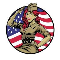 salutieren amerikanisch Welt Krieg Frauen Soldat mit Flagge beim das Hintergrund vektor