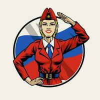 ryska kvinnor soldat hälsning med cirkel flagga bakgrund vektor