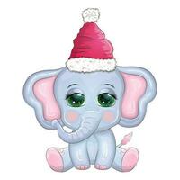 süß Karikatur Elefant, kindisch Charakter mit schön Augen tragen Santa Hut, Schal, halten Geschenk, Weihnachten Ball vektor