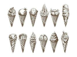 en ritad för hand skiss av en våffla koner med is grädde eller frysta yoghurt. årgång illustration. uppsättning. element för de design av etiketter, förpackning och vykort. vektor