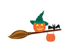 pumpa i en häxa hatt och en fladdermus på en kvast med en hink i halloween vektor
