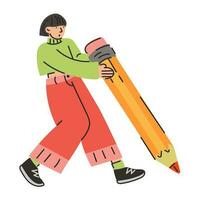 das Mädchen mit das groß Bleistift. ein jung Schüler hält ein Bleistift. süß komisch isoliert Charakter. Karikatur Stil. handgemalt Vektor Illustration. Zeichnung, Schreiben, Schaffung, Design, Bloggen Konzept. eben