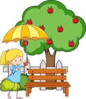 Gekritzel-Zeichentrickfigur ein Mädchen, das einen Regenschirm mit Apfelbaum hält vektor