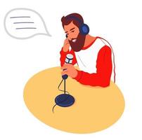 Ein Radiomoderator zeichnet einen Audio-Podcast auf. Ein männlicher Podcaster spricht in ein Mikrofon. Radiomoderator sendet in den Medien., DJ arbeitet im Studio. flache Vektorillustration vektor