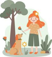 Kind Mädchen Gehen mit ein Hund im das Park. aktiv Erholung Konzept. eben Stil. vektor