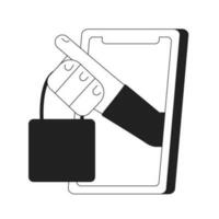 erfolgreich Einkaufen Erfahrung mit Handy, Mobiltelefon App einfarbig Konzept Vektor Stelle Illustration. editierbar 2d eben bw Karikatur zuerst Aussicht Hand zum Netz ui Design. Kauf Kleider online handgemalt Held Bild