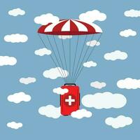 humanitäre Hilfe. Medizinische Fracht wird mit einem Fallschirm an schwer zugängliche Stellen gebracht. flache Illustration vektor