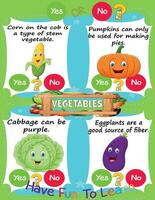 Arbeitsblatt zum Logik Kinder Aufgabe und Antworten Fragen Gemüse gesund Essen es ist ein Ja oder Nein Spiel. lernen Über Kinder Bildung Aktivitäten. Kinder lernen und abspielen Gehirn Spiele. vektor