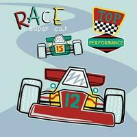 Vektor Karikatur von Rennen Auto auf das Rennen Spur mit Rennen Symbol