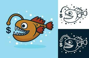 Angler Fisch mit Dollar Währung Symbol. Vektor Karikatur Illustration im eben Symbol Stil