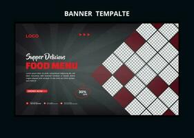 Restaurant-Speisekarte Social-Media-Marketing-Web-Banner. Video-Thumbnail für Pizza-, Burger- oder Hamburger-Online-Verkaufsförderung. hintergrund der fast-food-website. Food-Flyer mit Logo und Business-Symbol. vektor