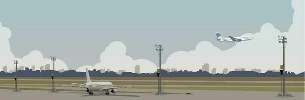 Panorama von das Flughafen mit ein Aussicht von das Stadt auf das Horizont. Vektor. vektor
