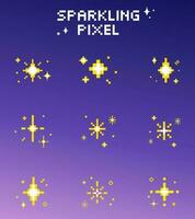 gnistrande pixel uppsättning vektor ljus gul gnistra stjärna, stjärnor, glitter, gnistrar. starry himmel pixel konst uppsättning. Plats lysande objekt