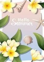 Sommer- Hintergrund mit Frangipani Blumen, Meer Muscheln, Venusmuscheln, Seestern. Postkarte, Banner Flyer mit Plumeria vektor