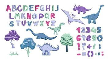 Dino Sammlung mit Alphabet und Zahlen. verschiedene Dinosaurier Figuren. bunt isoliert Kritzeleien auf ein Weiß Hintergrund. komisch Comic Schriftart im einfach Hand gezeichnet Karikatur Stil. vektor