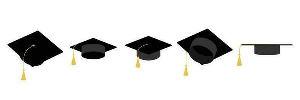 samling av gradering hatt. gradering keps ikon, universitet eller högskola gradering hatt logotyp, studerande gradering keps diplom, vektor illustration