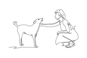 kontinuerlig ett linje teckning Lycklig kvinna petting hund på gata. urban husdjur begrepp. enda linje dra design vektor grafisk illustration.