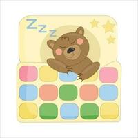 vektor illustration brun bebis tecknad serie Björn sovande under en patchwork täcke filt i säng