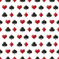 nahtlos Muster, spielen Symbole von Herzen, Pik, Diamanten, Vereine auf ein Weiß Hintergrund. Kasino Hintergrund, Vektor