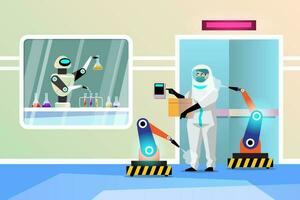 das Roboter funktioniert im ein Desinfektion Zimmer Mischen tötlich Chemikalien. verhindern Gefahren Das werden auftreten zu Menschen. medizinisch Technologie. vektor
