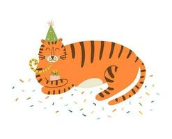 Tiger Geburtstag Tier. Urwald Geburtstag Party Grafik Element. süß wild Katze im festlich Hut mit Party Pfeife. Hand gezeichnet Tiger isoliert auf Weiß. Kinder Vektor Illustration. süß wild Tier.