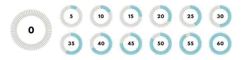 uppsättning av blå cirkulär framsteg bar. timer ikon med tio procent intervall. ladda ner visa. vektor illustration